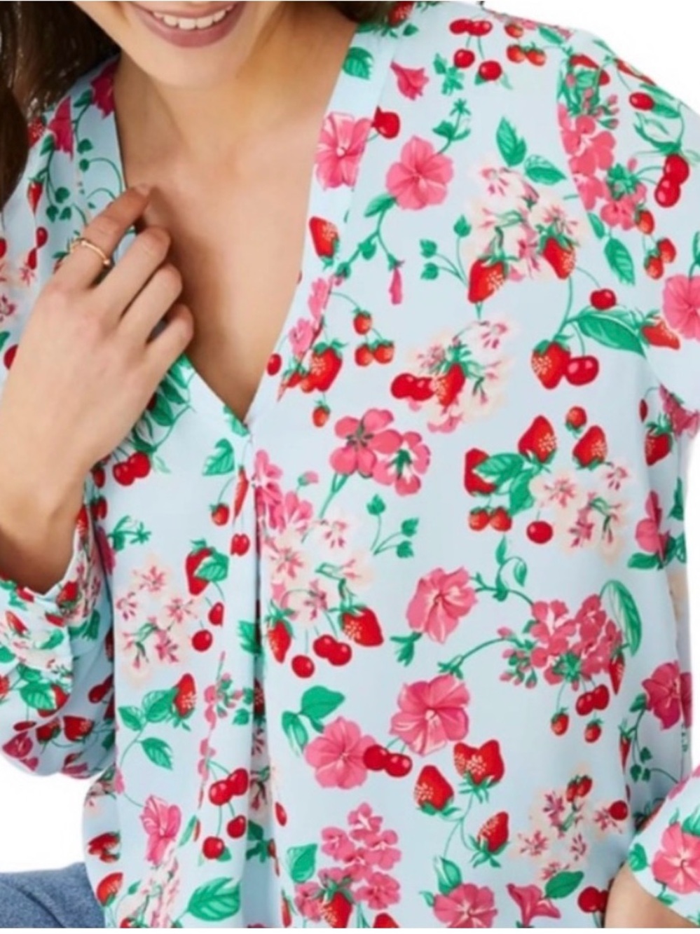 Ann Taylor Floral & Cherry V-Neck Long Sleeve Blouse in Light Blue